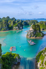 Aerial view Vung Vieng floating fishing village and rock island, Halong Bay, Vietnam, Southeast...