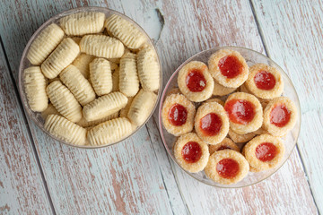 Tradition Thai Cookie on Rustic Blue Wood Table Background