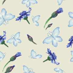 Blue butterflies and cornflowers on a white background. Seamless watercolor pattern. For prints on fabric and paper, etc.