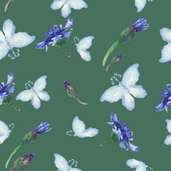 Blue butterflies and cornflowers on a green background. Seamless watercolor pattern. For prints on fabric and paper, etc.