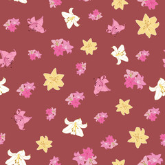 Lily flowers seamless vector pattern on red background