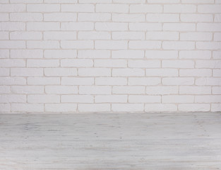 interior white wood floor and white brick wall, abstract empty space