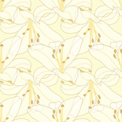 Fototapeta na wymiar White Lily flowers seamless vector pattern on light yellow background