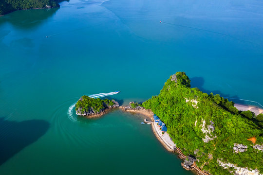 Aerial view of Soi Sim rock island, Halong Bay, Vietnam, Southeast Asia. UNESCO World Heritage Site. Junk boat cruise to Ha Long Bay. Popular landmark, famous destination of Vietnam