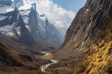 River curve in  mountain valley in Annapurna base camp trekking route, Pokhara, Himalaya mountain range in Nepal