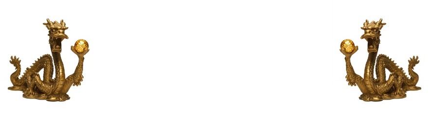 Chinese Dragons holding golden spheres isolated on white with copy space.  Gold representing wealth