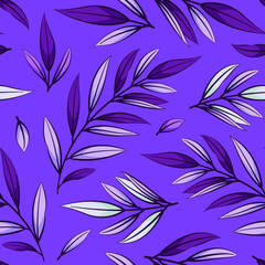 Vector seamless pattern with purple branches and leaves; natural design for fabric, wallpaper, wrapping paper, textile, web design.