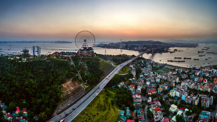 Panorama of Ha Long City, Vietnam, with Bai Chay bridge. Near Halong Bay, UNESCO World Heritage...