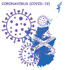 Coronavirus COVID 19 graphic overlaid on map of Scotland isolated on white background 
