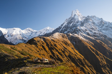 Machapuchare mountain peak, sacred peak in Annapurna range, Himalaya mountain range in Pokhara, Nepal