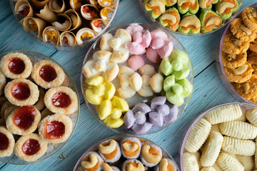 Tradition Thai Cookie on Rustic Blue Wood Table Background