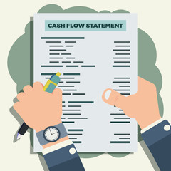 Hand hold pen and cash flow statement sheet vector illustration