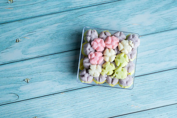 Tradition Thai Cookie on Rustic Blue Wood Table Background
