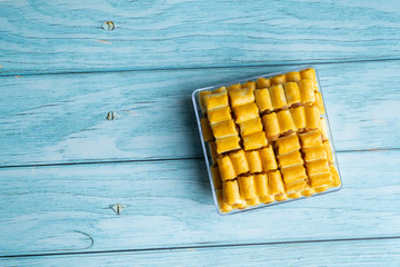 Tradition Thai Cookie on Rustic Blue Wood Table Background