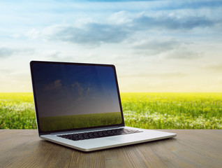 pc on table, fields