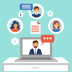 Video conference concept vector illustration. Webinar online training education flat design. Businessman video conference call on laptop with his team. Online meeting.