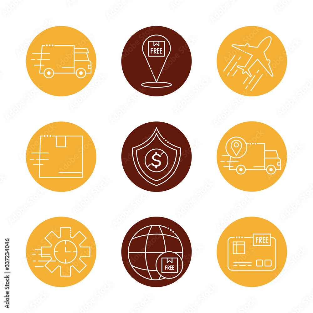 Poster bundle of fast delivery and free delivery block line style icons vector illustration design