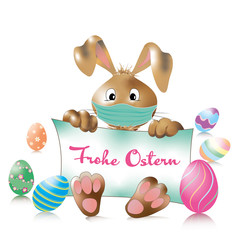Osterhase mit geknickten Ohren und Maske mit Schild und Text Frohe Ostern.