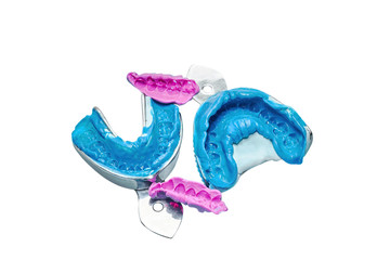 Two dental impressions on a white and blue background. The imprint of the tooth row of high precision and bite registration pieces