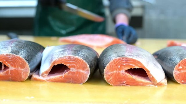 fish fillet factory carve slice salmon red