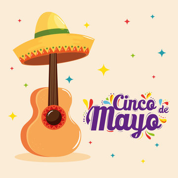 Mexican guitar and hat design, Cinco de mayo mexico culture tourism landmark latin and party theme Vector illustration