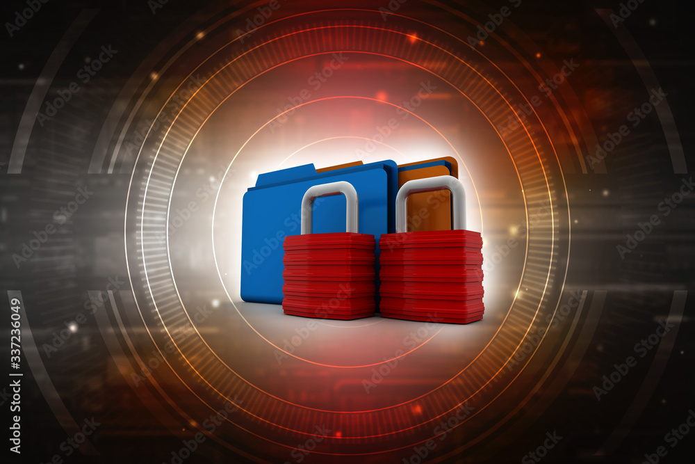 Poster yellow folder and lock. data security concept. 3d rendering