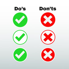 Do's and Don'ts sign icon in flat style. Correct and Incorrect symbols on red and green icons.