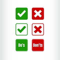 Do's and Don'ts sign icons with check mark and cross. Correct and Incorrect symbols on red and green concept.