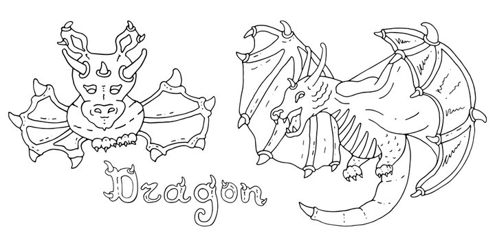 Set of fantastic winged dragons. Coloring page. Vector hand drawn arts. Black and white isolated on white background. Doodle mystical characters. Perfect for invitation, greeting card, textile.