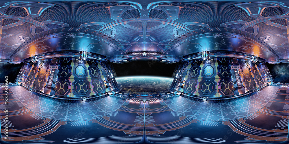 Aufkleber High resolution HDRI panoramic view of a spaceship interior. 360 panorama reflection mapping of a futuristic spacecraft room 3D rendering