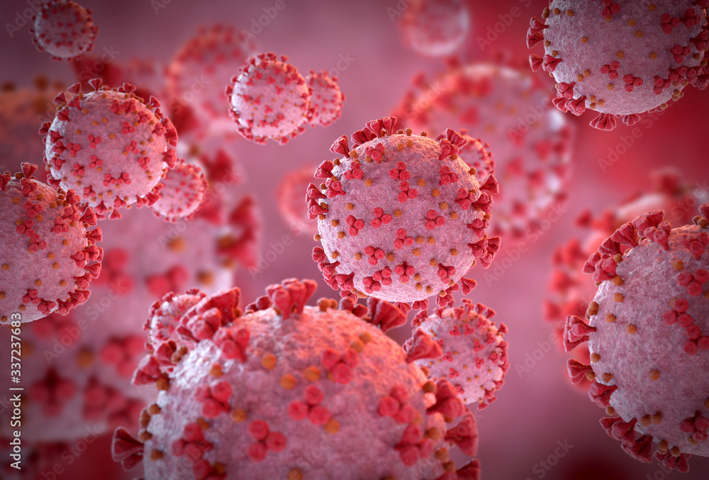 Poster 3d rendering of the coronavirus on a microscopic level. microscope close-up of the covid-19 disease.