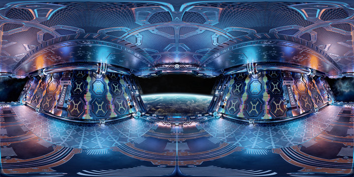 High Resolution HDRI Panoramic View Of A Spaceship Interior. 360 Panorama Reflection Mapping Of A Futuristic Spacecraft Room 3D Rendering