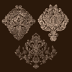 Vector set of damask ornamental elements. Elegant floral abstract elements for design. Perfect for invitations, cards etc.