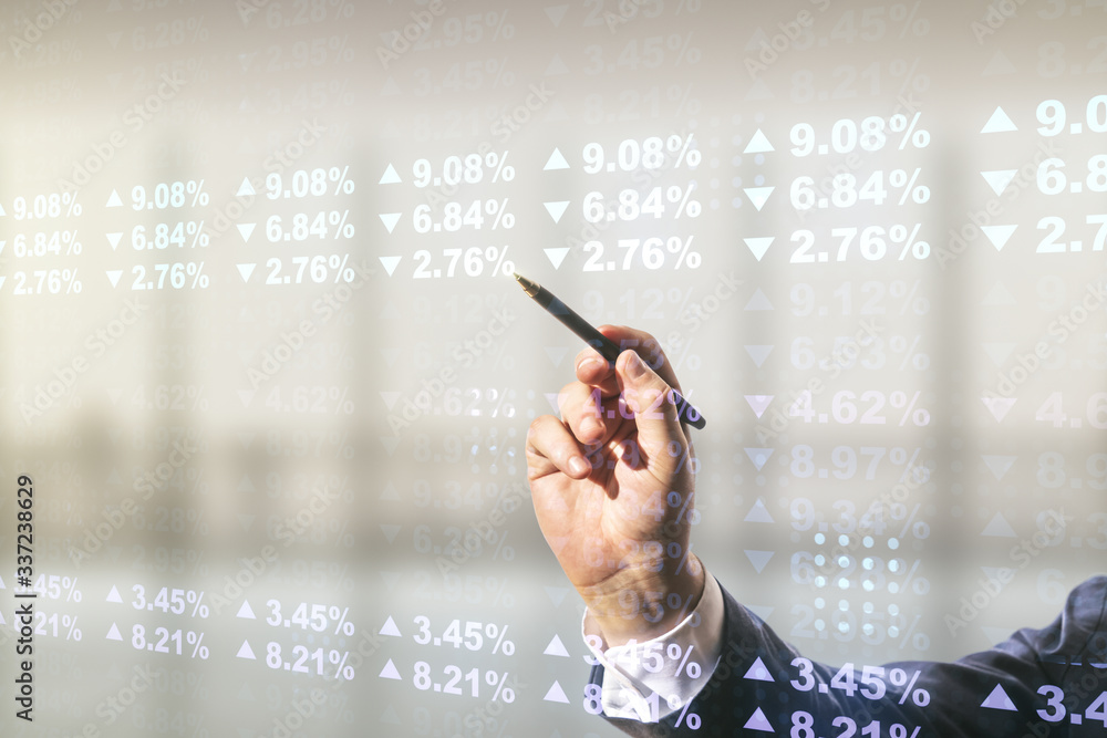Poster man hand with pen working with abstract virtual stats data hologram on blurred office background. mu