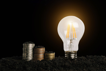 Light bulb with heap of coins stairs for financial plan or business idea concept.