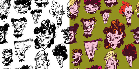 Naklejka premium Pattern with female portraits. Calligraphy. Color and black and white vector illustration. Can be used for wrapping paper, wallpaper, fabric, gift wrap, backgrounds.