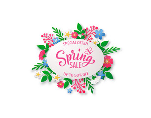 Fototapeta na wymiar Spring vector background with paper cut flowers and geometric frame and hand drawn lettering.