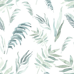 Green tropical palm leaves seamless watercolor pattern on the wight background.Trendy summer print.
