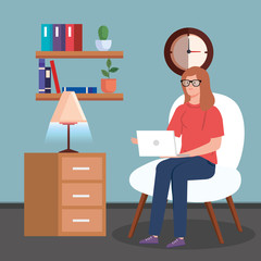 woman working in telecommuting sitting in chair with laptop vector illustration design