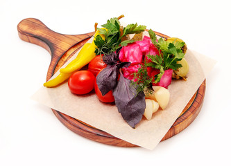 Set of pickled vegetables. Bright cabbage, herbs, garlic, pickled tomatoes,  sauerkraut, greens, pickled tomatoes