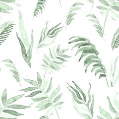 Green tropical palm leaves seamless watercolor pattern on the wight background.Trendy summer print.