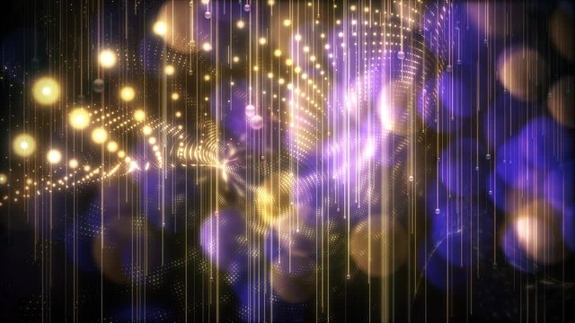 Bright Elegant Glowing Gold Array Landscape Looping Background with Purple Bokeh