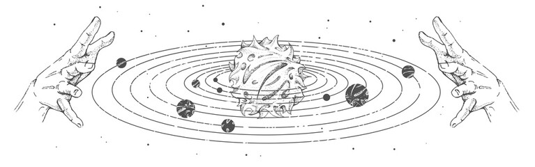 Modern magic witchcraft card with solar system and human hands. Hand drawing occult illustration