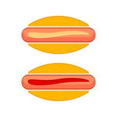Hot dogs with ketchup and mustard. Hotdogs with bun and sausage. Isolated on white background. Vector illustration.