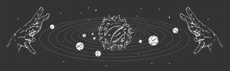 Modern magic witchcraft card with solar system and human hands. Hand drawing occult illustration © annbozhko