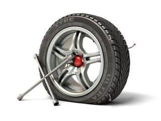Obraz premium tire fitting concept a wheel punched with a nail and a balloon key next to it 3d render on white