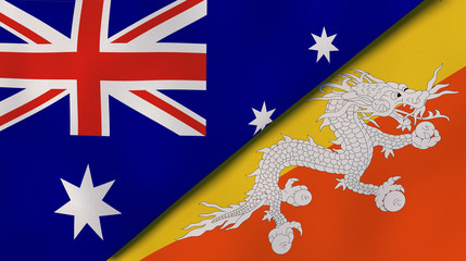 The flags of Australia and Bhutan. News, reportage, business background. 3d illustration