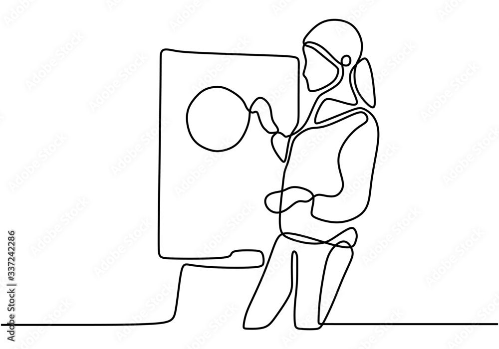 Poster continuous line drawing of business presentation. woman explain the presentation with whiteboard. bu