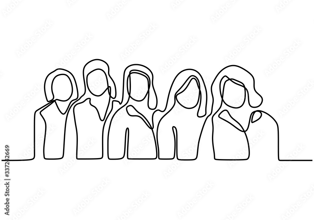 Poster group of woman continuous one line vector drawing. standing confident. audience silhouette hand draw