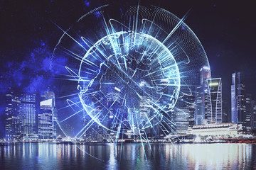 Double exposure of business theme hologram drawing and city veiw background. Concept of success.